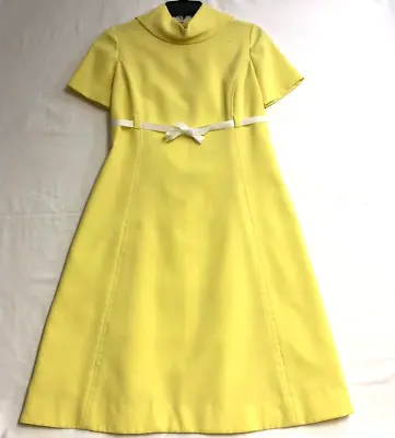 Beautiful Vintage Yellow Knit Dress Yellow Ribbon Belted Hand Made Excellent • £41.80