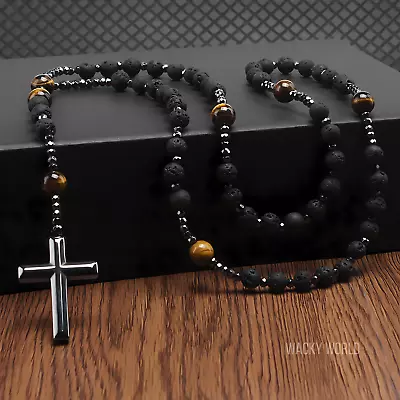 Mens Beaded Cross Necklace Natural Stone Cross Necklace Hematite Cross Necklace • $14.02