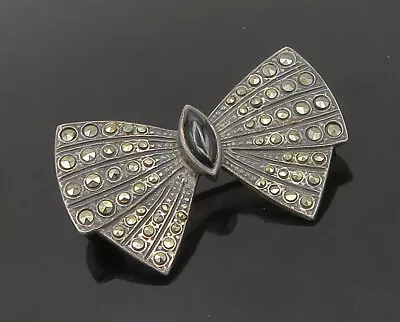 925 Sterling Silver - Vintage Black Onyx & Marcasite Bow Tie Brooch Pin - BP7100 • $56.08