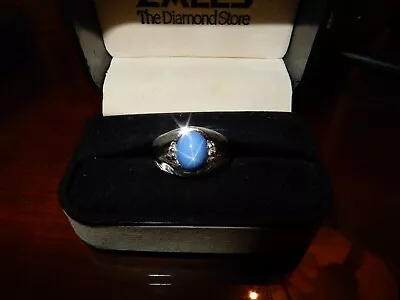 Vintage  Linde Faux Star Sapphire Ring 10k White Gold DIAMOND Accent  Size 8.75 • $149.50