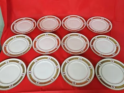 Set Of 12 Limoges A. Lanternier Heavy Gold Trim & Floral Panels Service Plates • £380.05