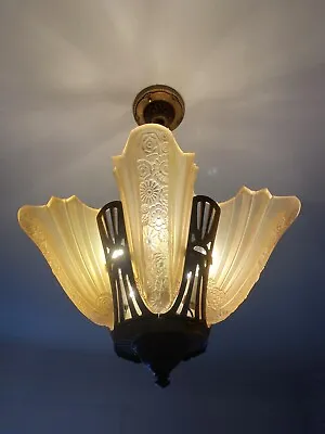 Antique/vintage Art Deco Ceiling Chandelier Slip Shade Consolidated Glass • $1599