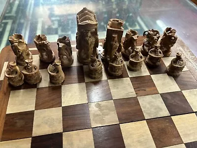 Large Vintage Rajasthani / Indian Chess Pieces/coins With Board 3  King 1960 • $299