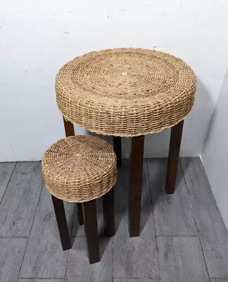 Vintage Set Of 2 Woven Rope Round Nesting Tables Mid Century Modern Boho Chic • $99