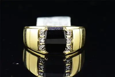 Mens 10K Yellow Gold Round Cut Diamond & Black Onyx Engagement Ring Band 10.50mm • £361.58