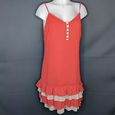 Esley Womens Dress Large Coral & Tan Sleeveless Tier Sheer Career Shift Sundress • $17.48