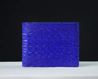 Blue Mens Crocodile Leather Bifold Wallet Large Capacity RFID Blocking Handmade • $79