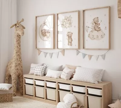 Teddy Bear Print Baby Neutral Nursery Beige Print  3 Set Wall Art Picture Home • £9.99