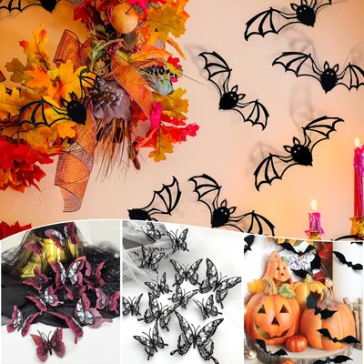$12.99 • Buy 3D Black Bats Skull Butterfly Wall Stickers Halloween Decorations PVC Decal 2023
