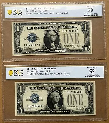 2pc Lot 1928b $1 Silver Certificates Pcgs 50 & 55 Fr#1602 Woods Mills Funny Back • $27