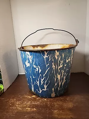 VTG Graniteware/ Enamelware Blue And Whitecswirl Bucket Decor Only -Damaged • $26