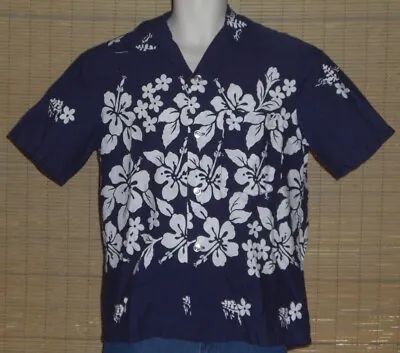 Mens Vintage Ui Maikai Hawaiian Shirt Dark Blue White Hibiscus Floral Size Small • $199.99