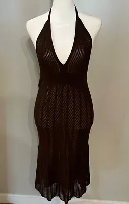 MODA International Brown Knitted Halter Dress Deep V Gold Lining Peeking Sz M • $27