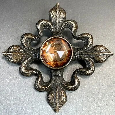 Maltese Cross Fleur-De-Lis Vintage Brooch Rose-Cut Rhinestone Estate Jewelry • $65