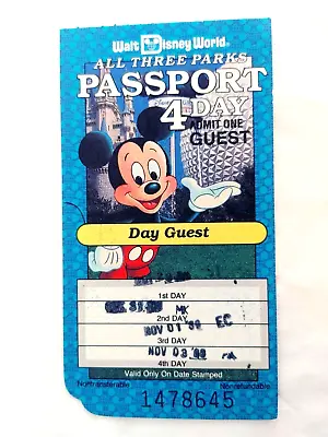 Walt Disney World 1989 All 3 Parks 4-Day Ticket Stub  #16862 • $19.25