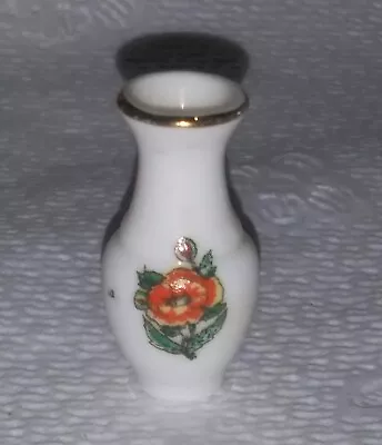 Vintage Dollhouse Miniature Porcelain 1.25  Tall Vase Rose Print Gold Trim • $5.99