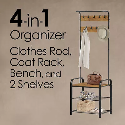 Entryway Bench With Coat Rack – Metal Hall Tree With Seat HooksShoe Storage • $112.89