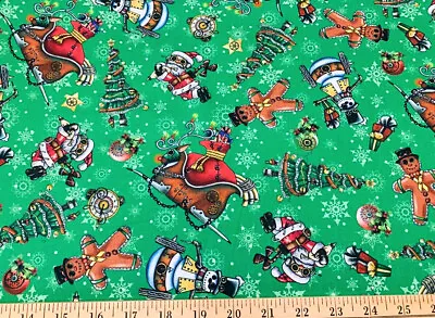 Steampunk Christmas Toss Green 100% Cotton Fabric QT Fabric By The Half Yard • $3.50