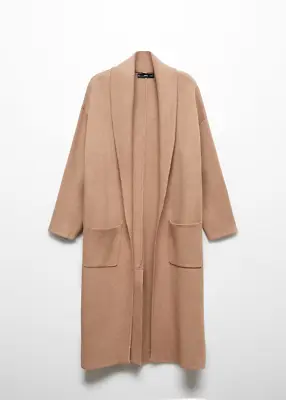 New Mango Oversized Knitted Coat With Pockets Medium Brown Taupe Coatigan L Zara • £69.99