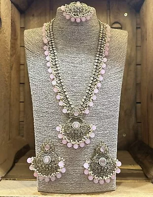 Uk New Asian Indian Bollywd Long Mala Pendant Necklace Earrings Tikka Set Pink • $56