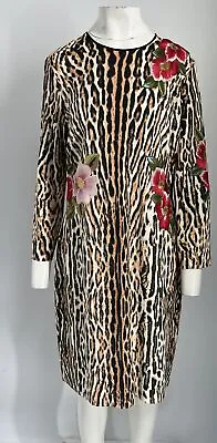 Naeem Khan Animal Print Floral Embroidered Long Sleeve Shift Dress Sz L • $340