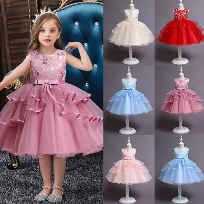 Kids Girls Bridesmaid Bow Princess Tutu Dress Birthday Party Wedding Long Gown • $32.33