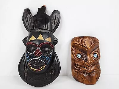 Maori Tiki Tribal Ghana Africa Folk Art Carved Wood Masks 8  5  • $47.45