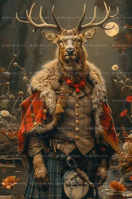 SCOTTISH KILT DEER ART PRINT Cottagecore  Wildlife Cabin Poster Fantasy D226 • $9.95