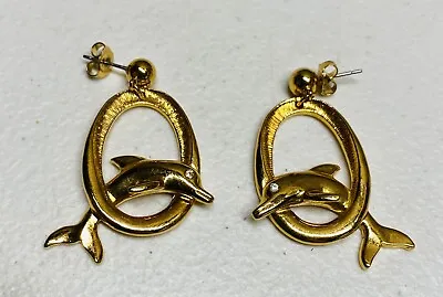 Vintage Avon Gold Tone Dolphin Hoop 1.5” Earrings With Rhinestone Accents 1980s • $7.99