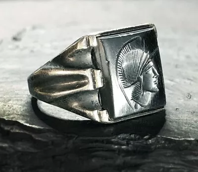 Vintage ART DECO Men's Pinky Signet Sterling HEMATITE INTAGLIO ROMAN WARRIOR • $145.99