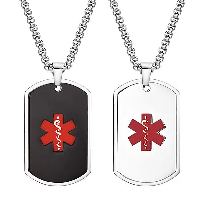 Men Women Silver Medical Alert ID Necklace Stainless Steel Pendant Free Engrave • £5.99