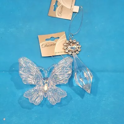 Vintage Christmas Ornament Prism & Butterfly Plastic Decor Set Of 2 • $4.91