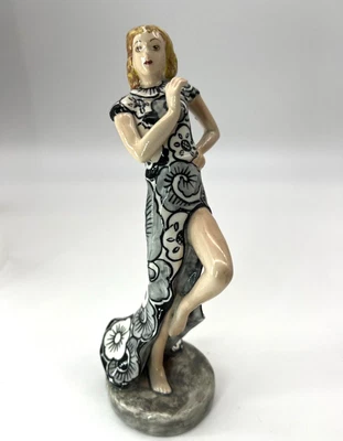 $295 • Buy Vintage Goldscheider Flapper Art Deco Porcelain Figure  Long Black & White Dress