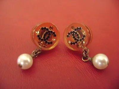 Chanel Cc Logos Crystal W/pearl Dangle Very Simple Pierced Earrings • $425