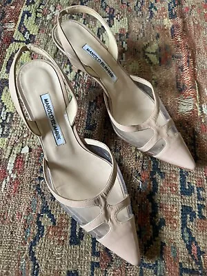 Manolo Blahnik Nude Clear Toe Patent Leather Kitten Heel Slingback Shoes Sz 37 • $95