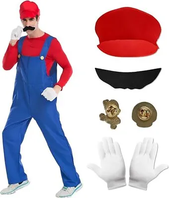 Mario Mens Fancy Dress Costume Cosplay Jumpsuit Hat Gloves Moustache Red Plumber • £10.99