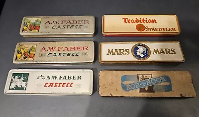 6 Vintage PENCIL BOX TIN Faber Castell MARS Koh-I-Noor Tradition Staedtler Boxes • $45