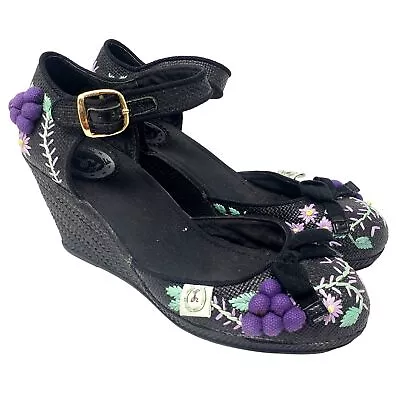 Miss L Fire Wedge Heels Size 6.5 US 37 EU Blue Tuti Fruti Rockabilly Pinup Shoes • $72.21