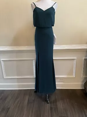 Dress The Population Gracelyn Blouson Jersey Maxi Gown Thigh High Slit Pine XXS • $149.99