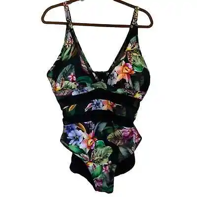 Coral Tropics By Apollo Swim Black Floral With Sheer Panels Swimsuit Sz 3X NWT • $24.99