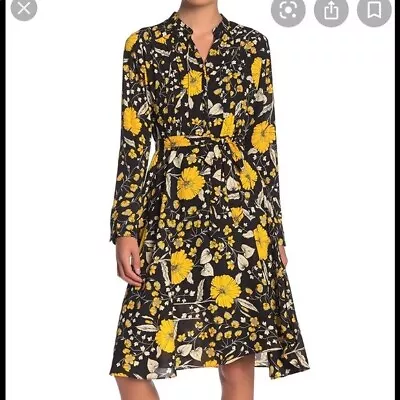 Nanette Lepore Dress 6 Black Yellow Floral Long Sleeve Pintuck Pleats Collarless • $29.99