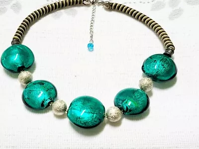 $24 • Buy Venetian Glass Bead Chunky Choker Necklace 16  Long Wrapped Cord Chain Sections