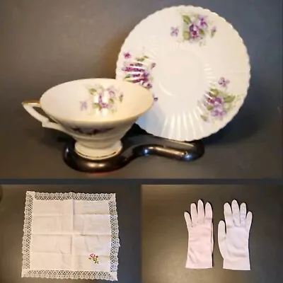 RARE Lefton China Tea Set- Teacup Saucer Gloves Doily & Stand. HAND PAINTED! • $29.99