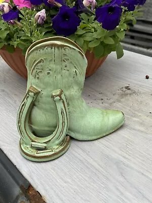 Vintage FRANKOMA Pottery Prairie Green 7” COWBOY WESTERN BOOT Bookend/Vase Nice • $32.50