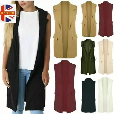 £12.95 • Buy Women Ladies Sleeveless Crepe Mock Open Long Waistcoat Flap Pockets Jacket Top