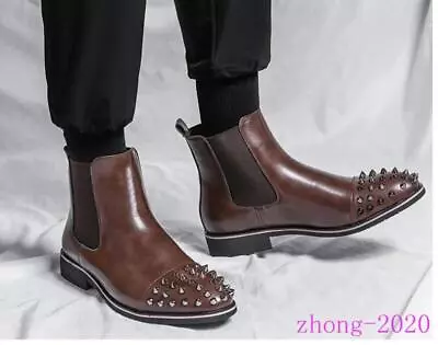 Men's Round Toe Rivets Faux Leather Ankle Boots Punk Motor Casual Formal Shoes • $52.07