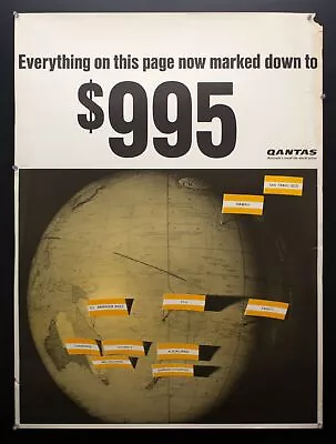 C.1960 QANTAS Australia's Round The World Airline Globe Travel Poster Vintage  • $139