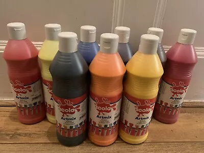 9 X 600ml BOTTLES SCOLA ARTMIX READY MIX  POSTER PAINT CRAFT COLOURS AM600/12A • £18.75