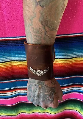 Leather Cuff Bracelet Men’s XL Brown Custom Biker Skull Accessory Handmade Thick • $34.95