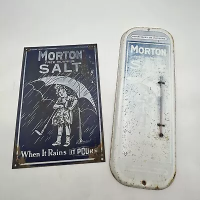 Vintage Morton Salt Metal Advertising Sign 12  & Thermometer Sign 16  - Lot Of 2 • $59.99